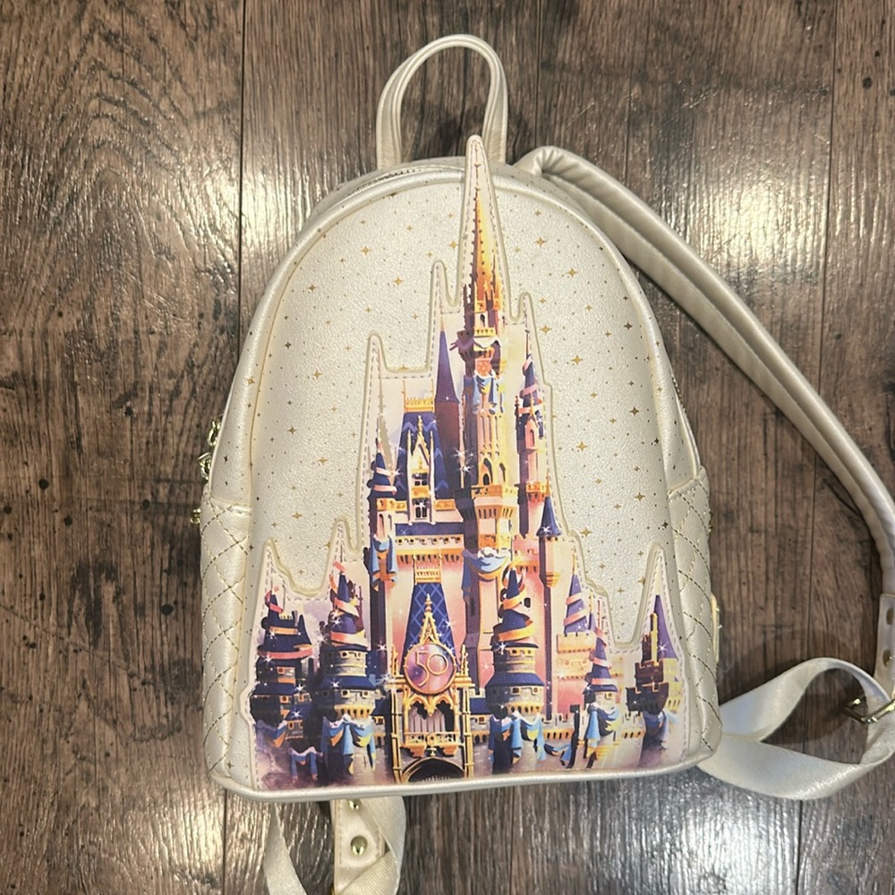 Walt Disney World 50th Anniversary Castle Loungefly backpack cream gold